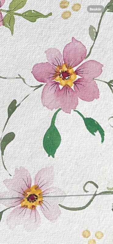Akvarell av rosa blomma med gröna blad